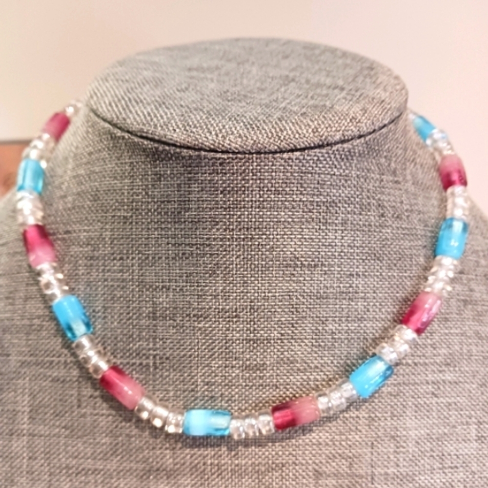 Child's Necklace Aqua and Pink Czech Glass - New Item (15")